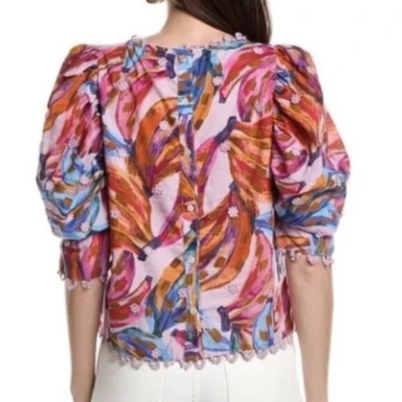 Farm Rio Colored Bananas Puff Sleeve Blouse Size L - Picture 3 of 4